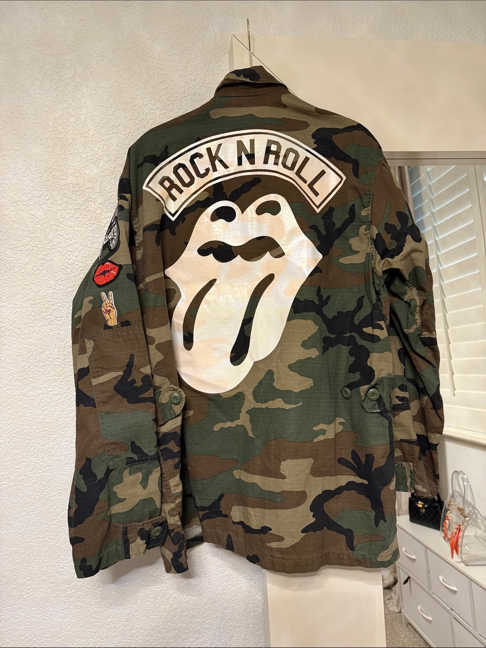 Camo Utility Jacket with 'Rock N Roll' Back Graphic - Green